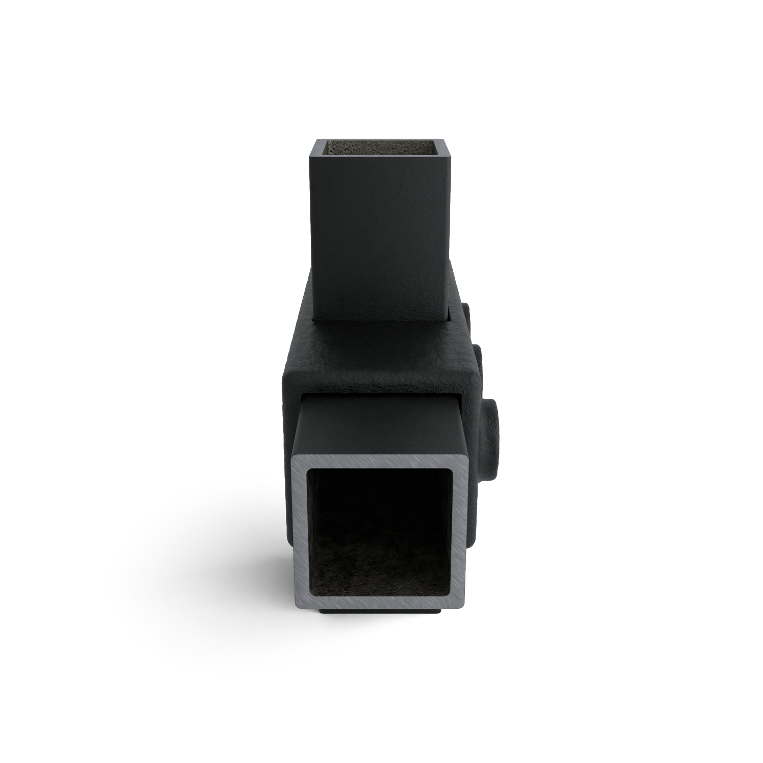 Rohrverbinder Kreuzstück in 1 Ebene schwarz 40 mm quadratisch - Seitenansicht mit Rohren (Rohr-verbinder.de)