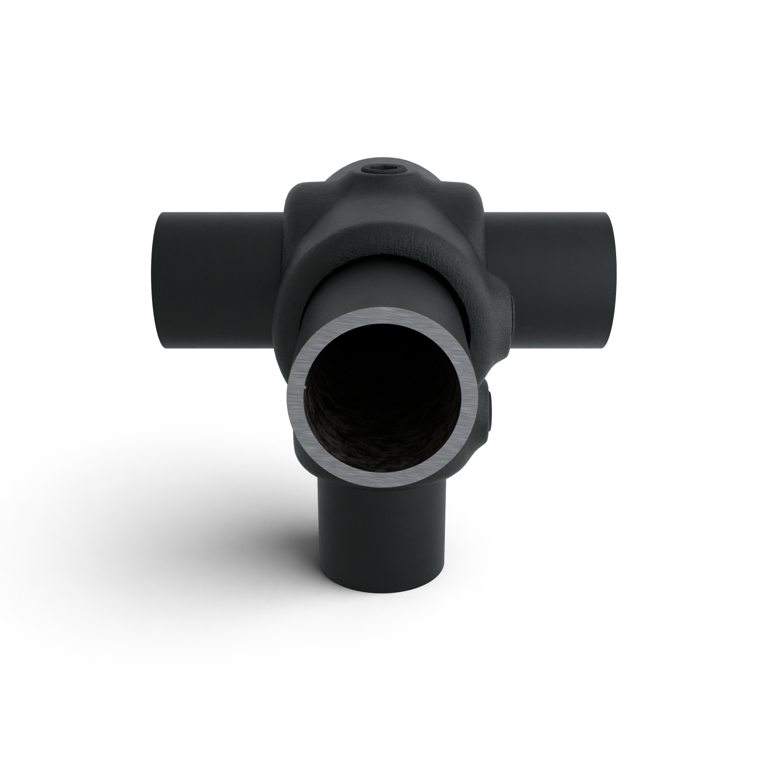 Rohrverbinder T-Stück für Stützrohr schwarz 42,4 mm - Seitenansicht mit Rohren (Rohr-verbinder.de)
