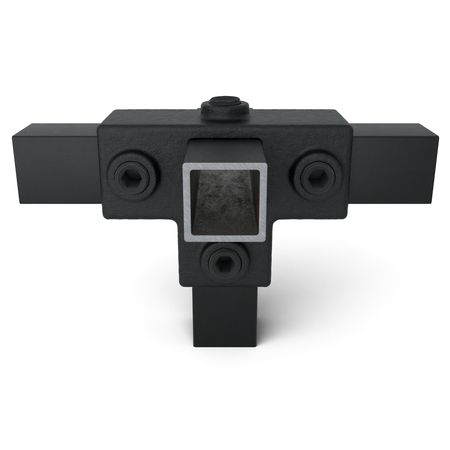 Rohrverbinder T-Stück für Stützrohr schwarz 25 mm quadratisch - Vorderansicht mit Rohren (Rohr-verbinder.de)