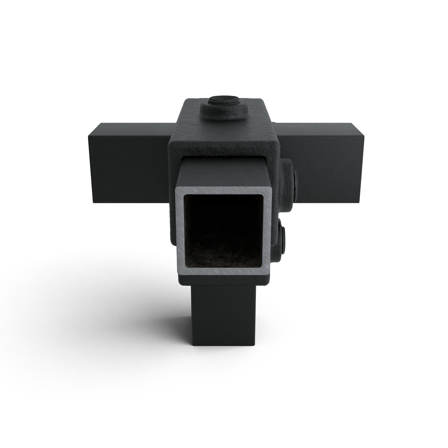 Rohrverbinder T-Stück für Stützrohr schwarz 25 mm quadratisch - Seitenansicht mit Rohren (Rohr-verbinder.de)