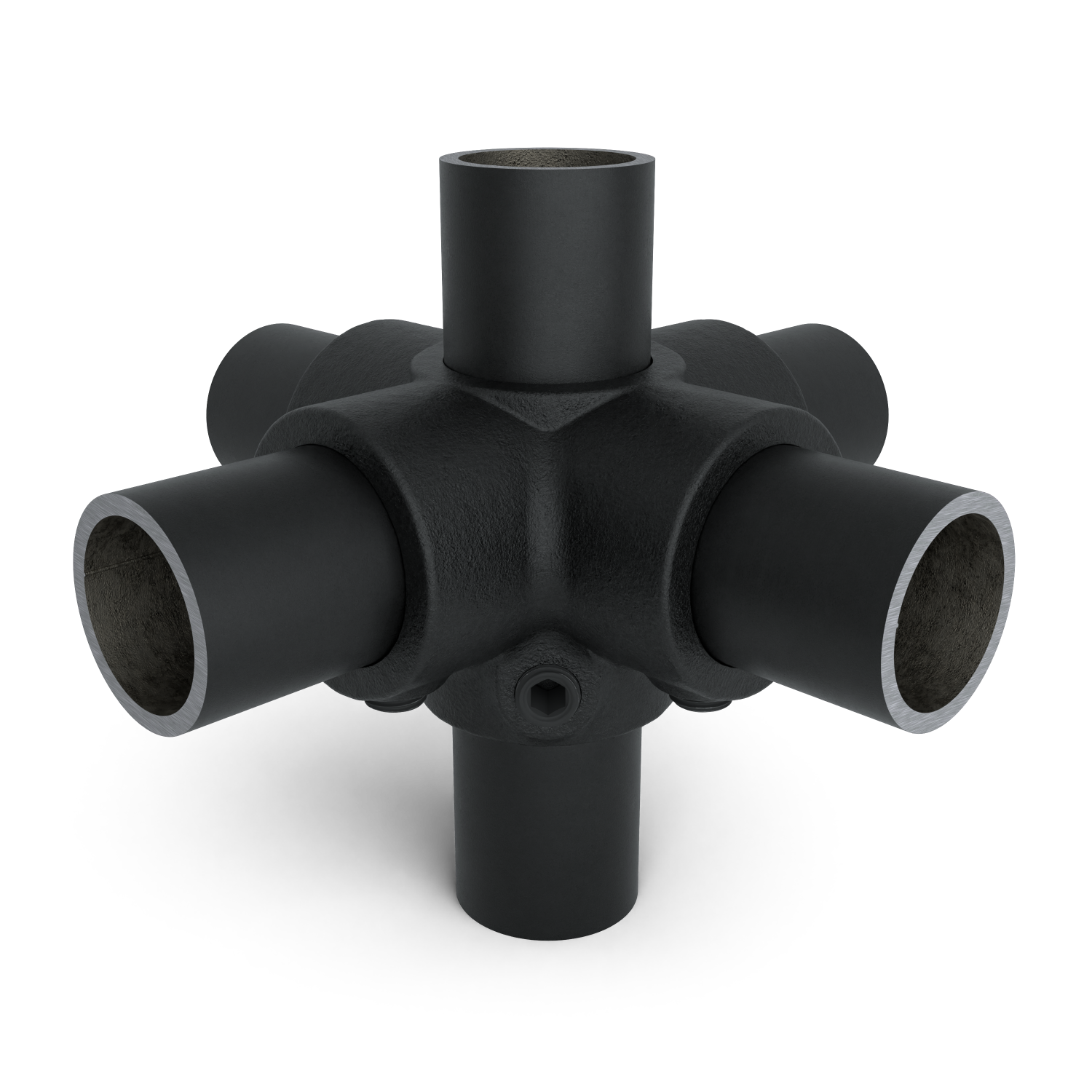 Rohrverbinder Kreuzstück für Stützrohr schwarz 33,7 mm - Vorderansicht mit Rohren (Rohr-verbinder.de)