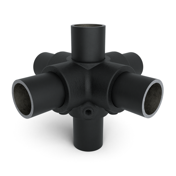 Rohrverbinder Kreuzstück für Stützrohr schwarz 48,3 mm - Vorderansicht mit Rohren (Rohr-verbinder.de)