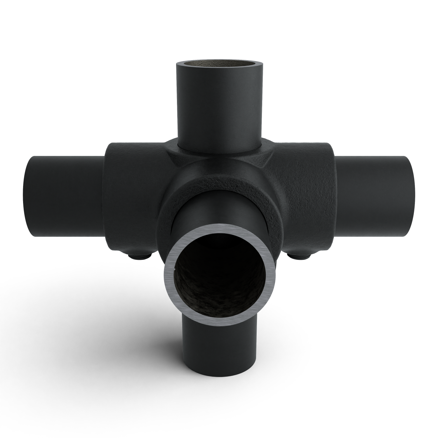 Rohrverbinder Kreuzstück für Stützrohr schwarz 42,4 mm - Seitenansicht mit Rohren (Rohr-verbinder.de)