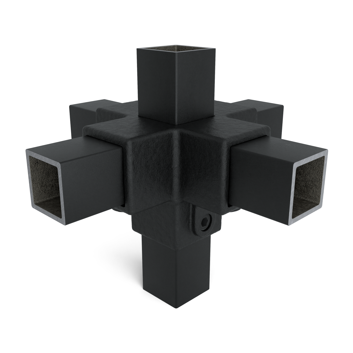 Rohrverbinder Kreuzstück für Stützrohr schwarz 40 mm quadratisch - Vorderansicht mit Rohren (Rohr-verbinder.de)