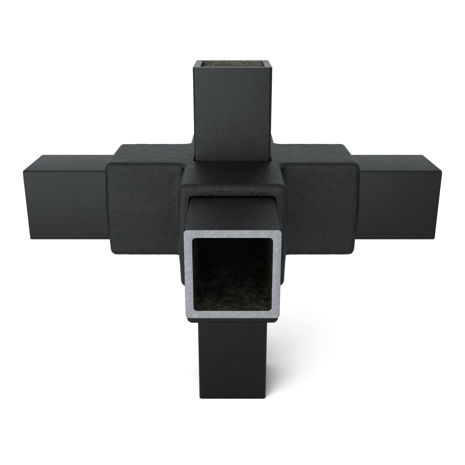 Rohrverbinder Kreuzstück für Stützrohr schwarz 40 mm quadratisch - Schrägansicht mit Rohren (Rohr-verbinder.de)