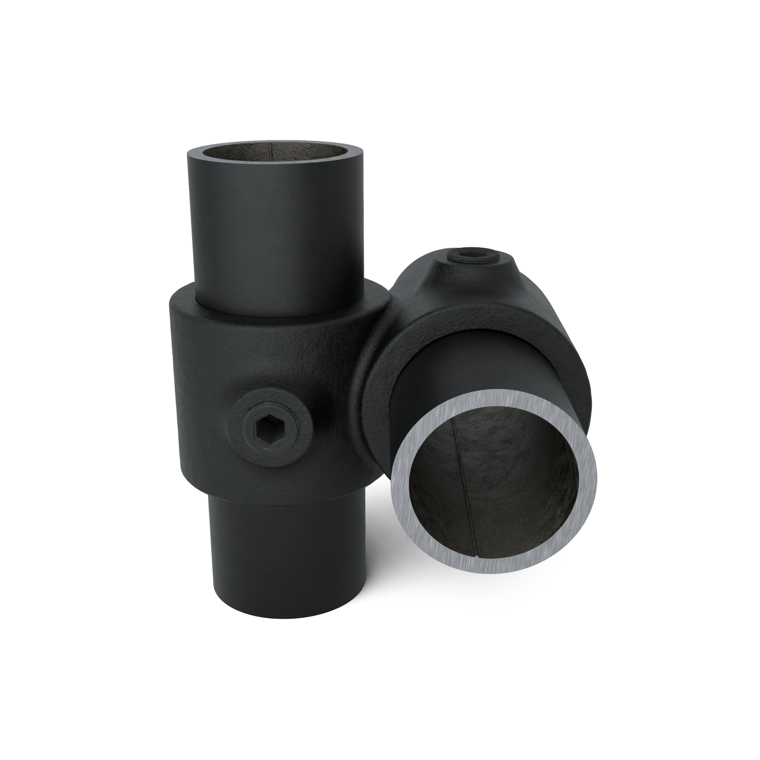 Rohrverbinder Kreuzstück 90º schwarz 42,4 mm - Vorderansicht mit Rohren (Rohr-verbinder.de)