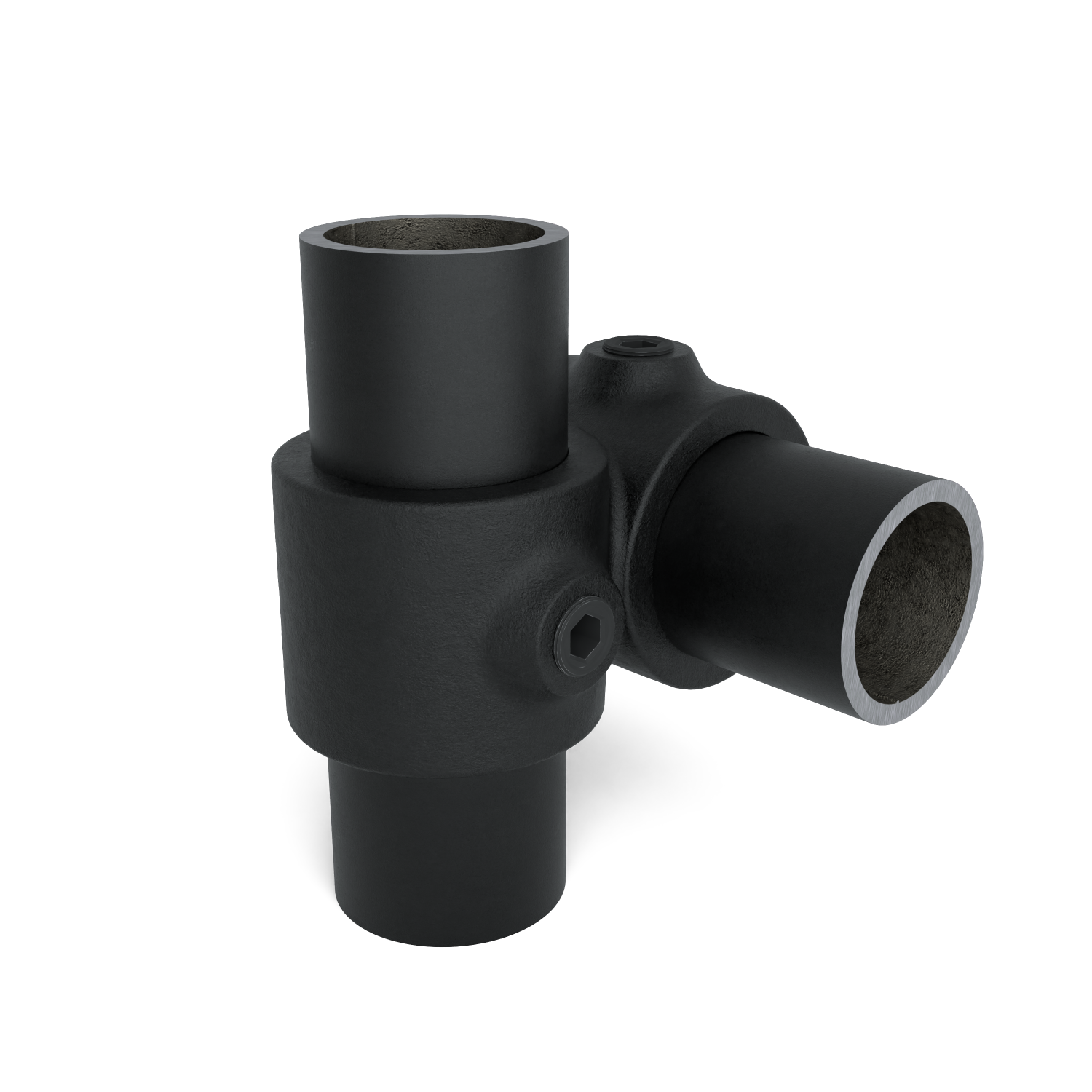 Rohrverbinder Kreuzstück 90º - Schwarz für außen - 33,7 mm - Schrägansicht mit Rohren (Rohr-verbinder.de)