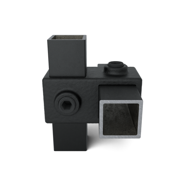Rohrverbinder Kreuzstück 90º schwarz 25 mm quadratisch - Vorderansicht mit Rohren (Rohr-verbinder.de)