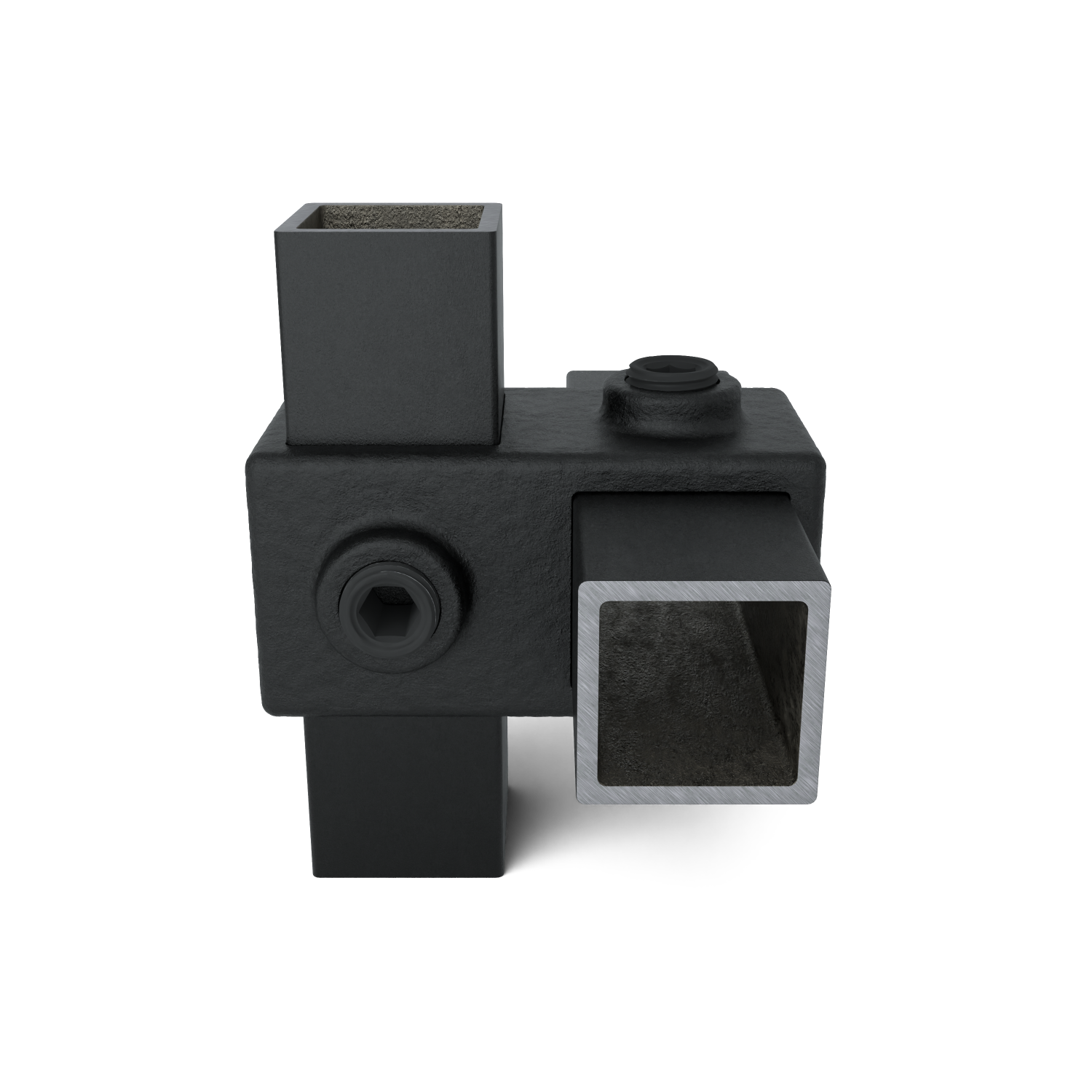 Rohrverbinder Kreuzstück 90º schwarz 25 mm quadratisch - Vorderansicht mit Rohren (Rohr-verbinder.de)