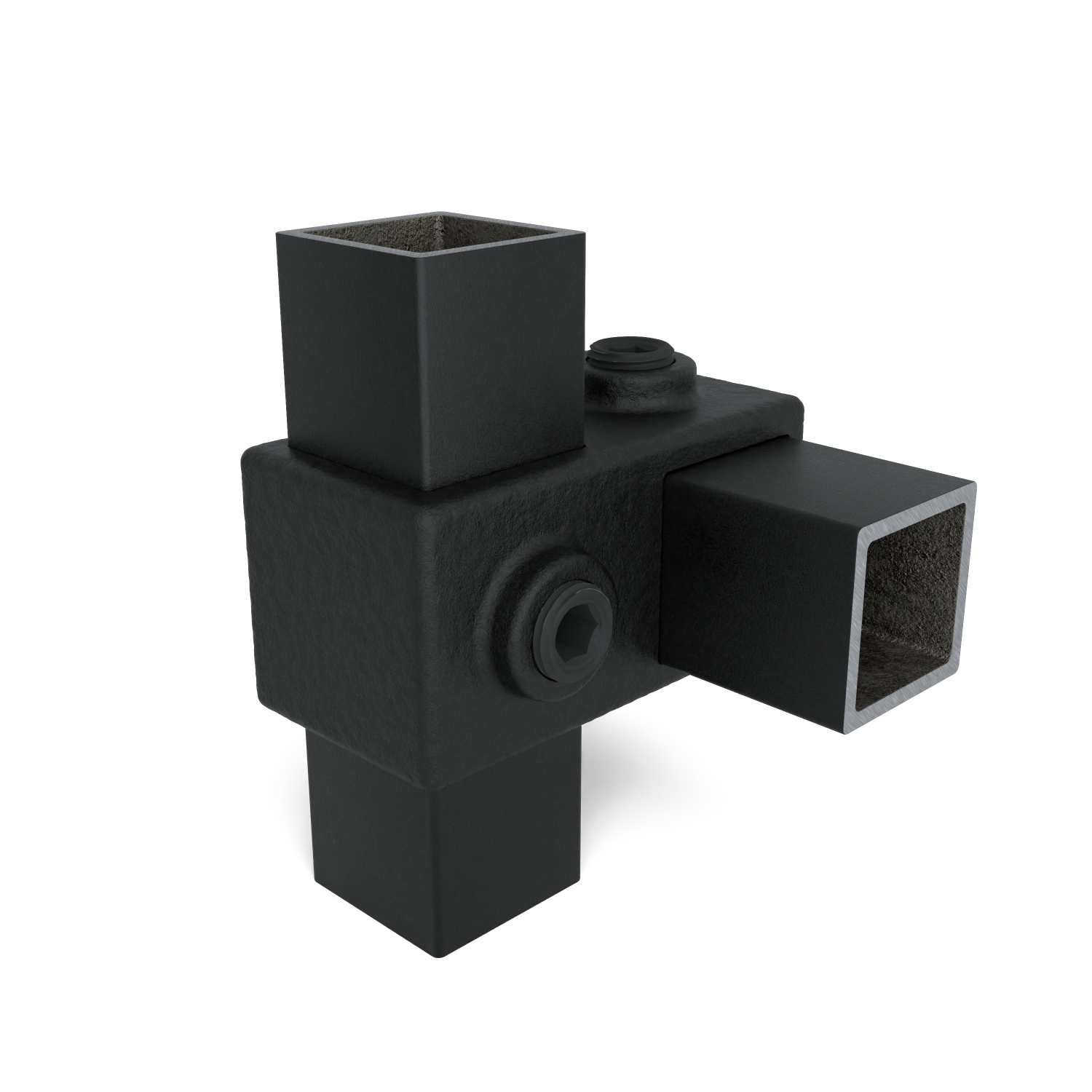 Rohrverbinder Kreuzstück 90º schwarz 25 mm quadratisch - Schrägansicht mit Rohren (Rohr-verbinder.de)