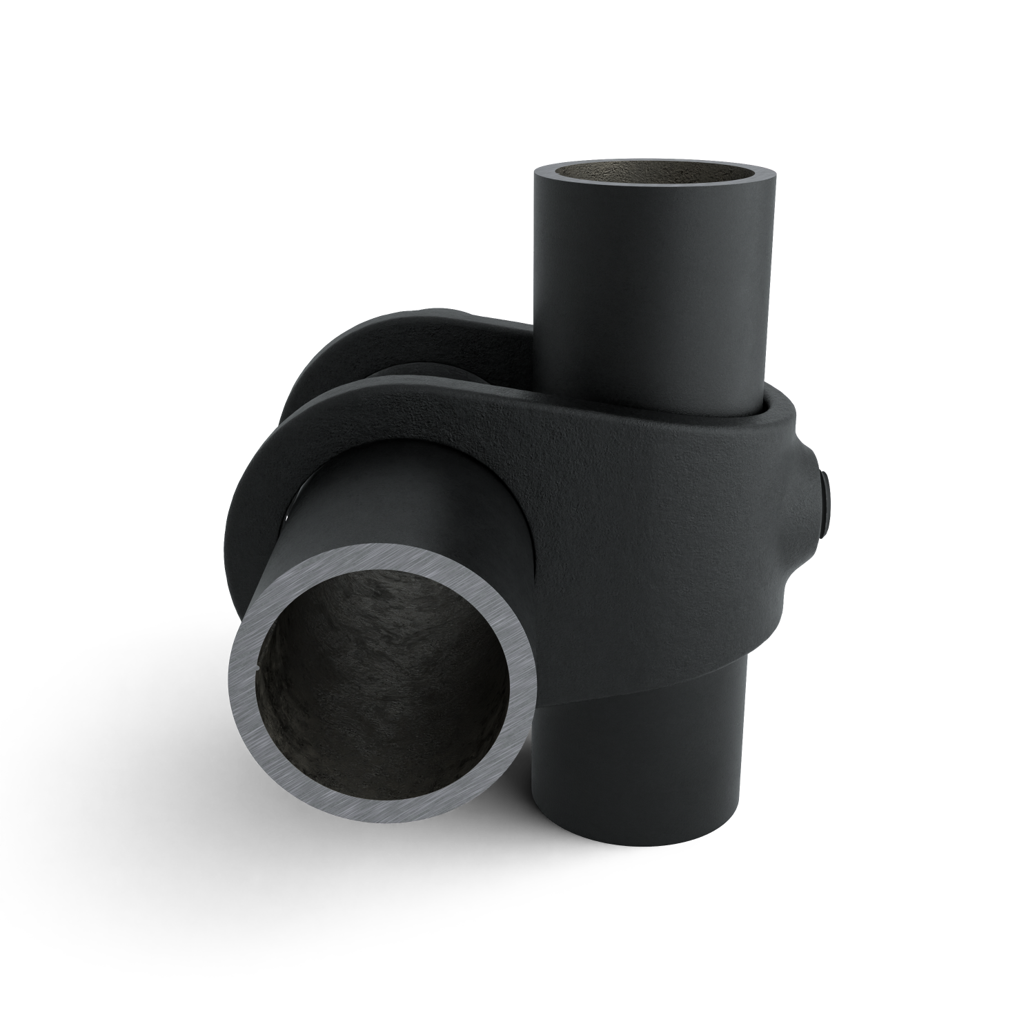 Rohrverbinder Kreuzstück offen schwarz 26,9 mm - Vorderansicht mit Rohren (Rohr-verbinder.de)