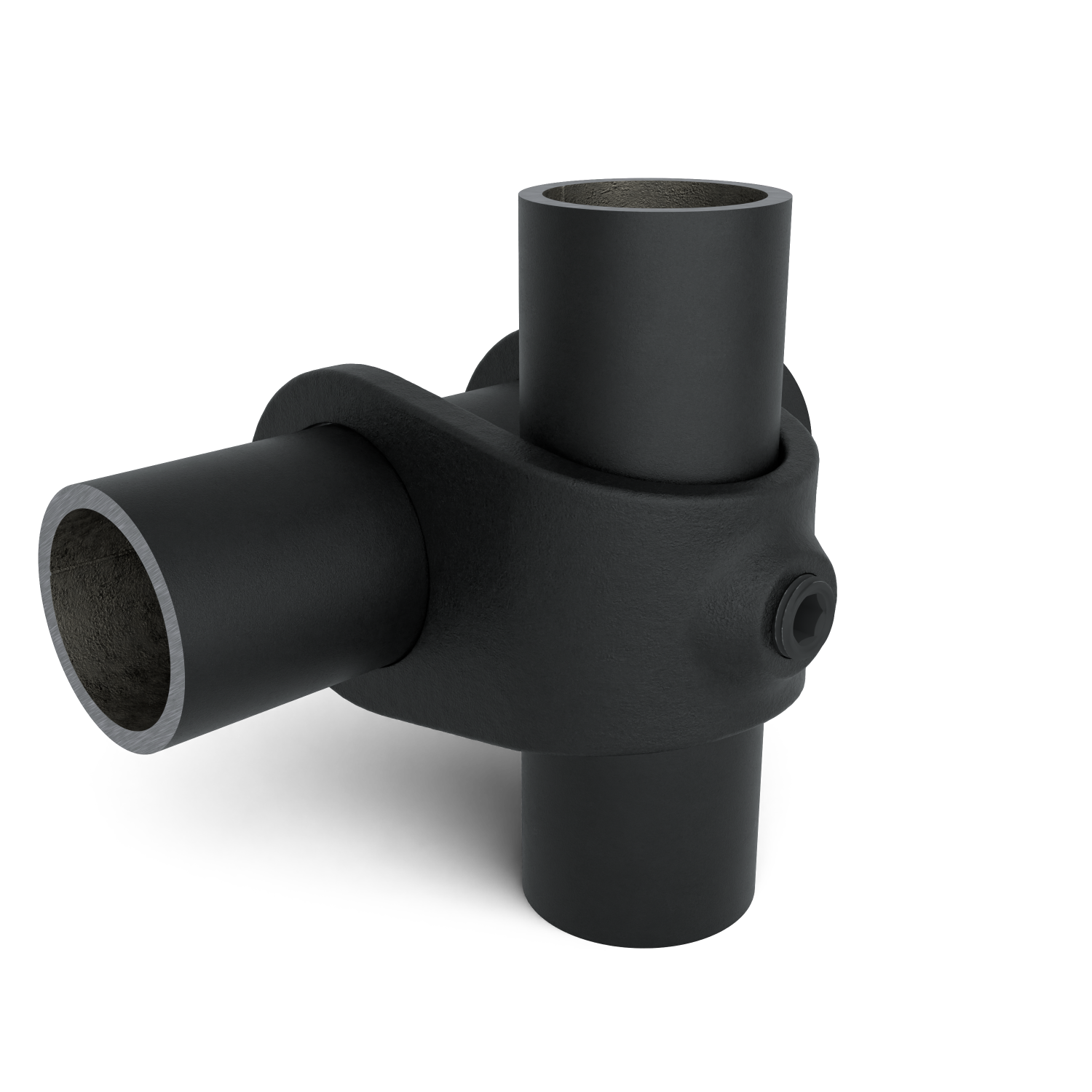 Rohrverbinder Kreuzstück offen schwarz 33,7 mm - Schrägansicht mit Rohren (Rohr-verbinder.de)