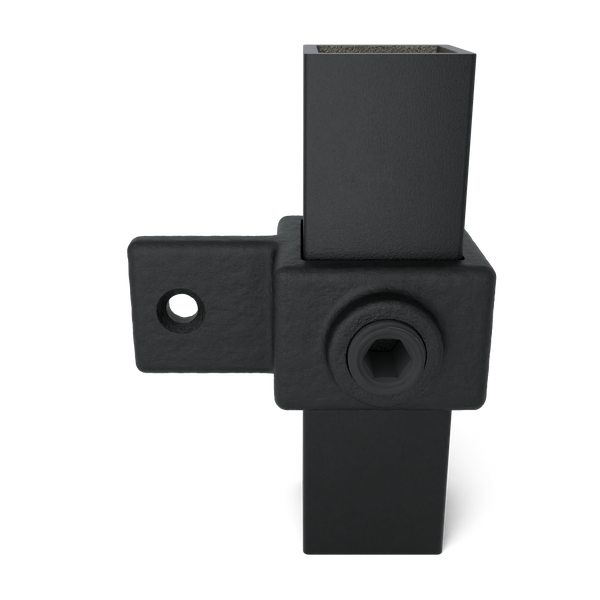 Rohrverbinder Gelenkauge schwarz 25 mm quadratisch - Vorderansicht mit Rohren (Rohr-verbinder.de)