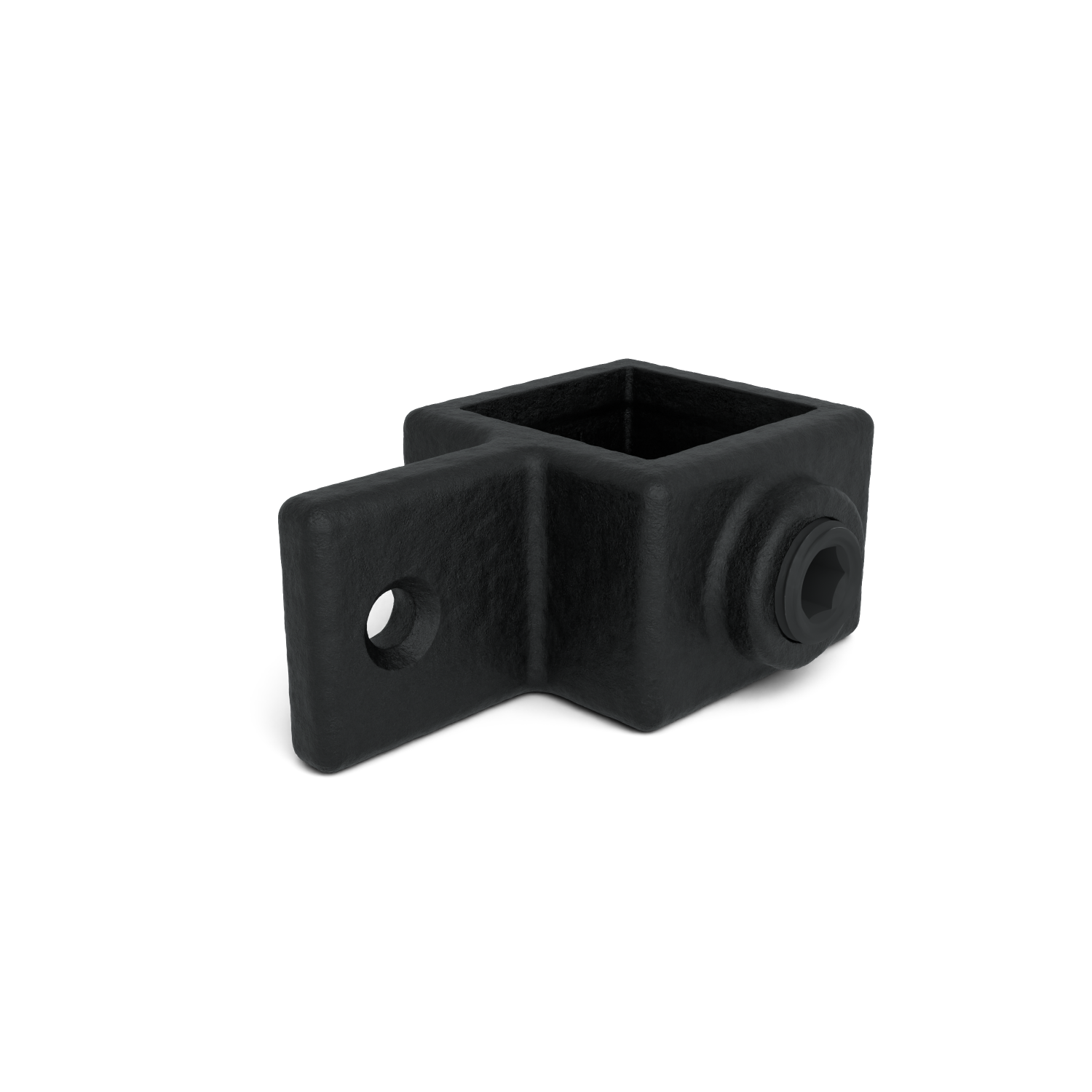 Rohrverbinder Gelenkauge schwarz 25 mm quadratisch - Schrägansicht Rohrverbinder (Rohr-verbinder.de)