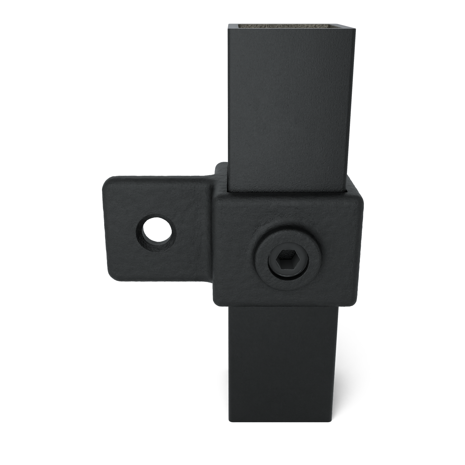 Rohrverbinder Gelenkauge schwarz 40 mm quadratisch - Vorderansicht mit Rohren (Rohr-verbinder.de)