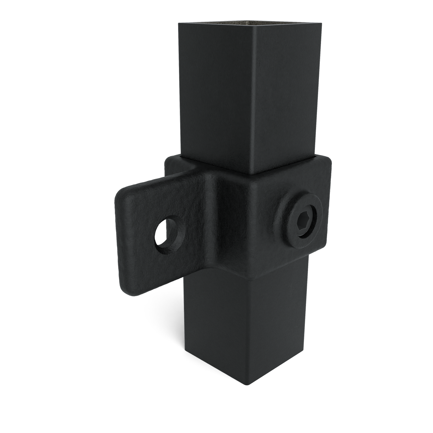 Rohrverbinder Gelenkauge schwarz 40 mm quadratisch - Schrägansicht mit Rohren (Rohr-verbinder.de)