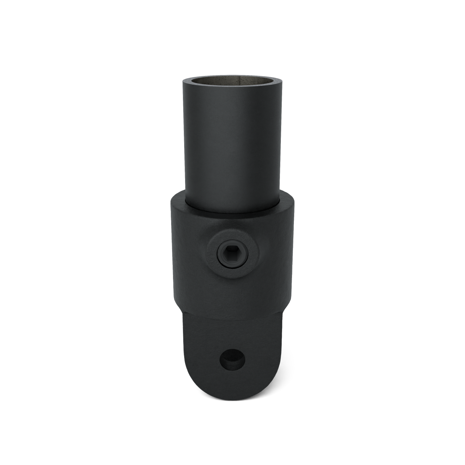 Rohrverbinder Gelenkhalter schwarz 33,7 mm - Vorderansicht mit Rohren (Rohr-verbinder.de)