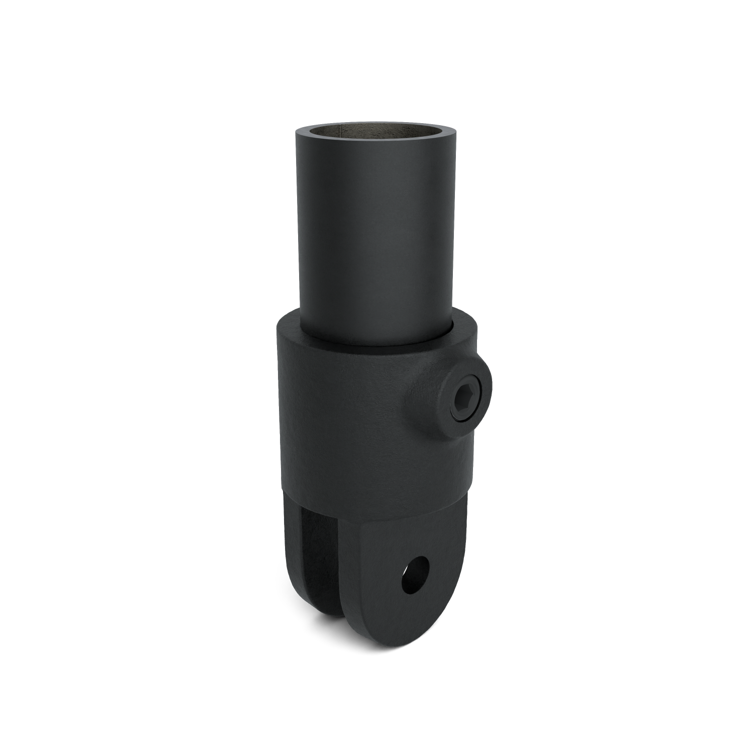 Rohrverbinder Gelenkhalter schwarz 33,7 mm - Schrägansicht mit Rohren (Rohr-verbinder.de)