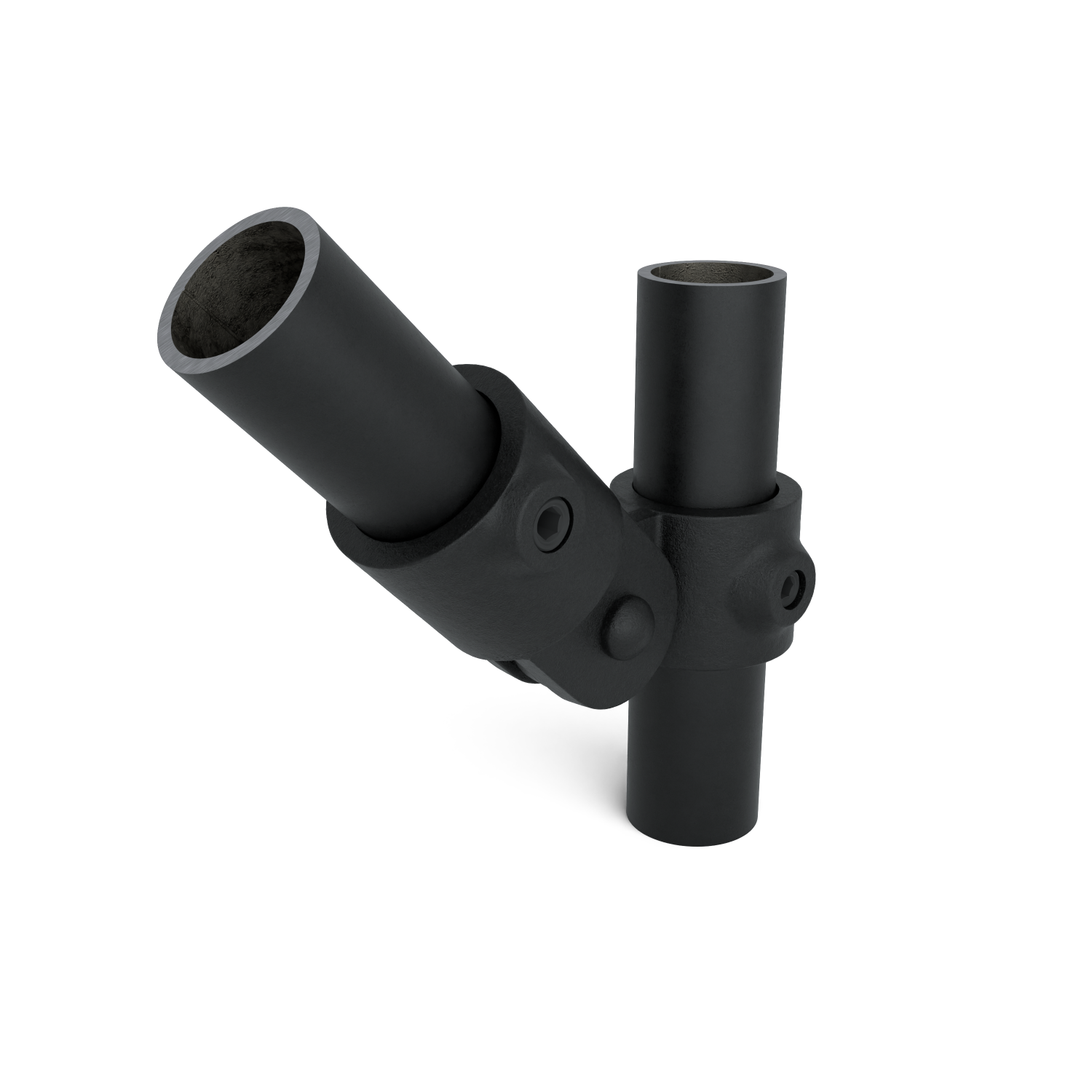 Rohrverbinder Gelenkstück einfach schwarz 33,7 mm - Schrägansicht mit Rohren (Rohr-verbinder.de)