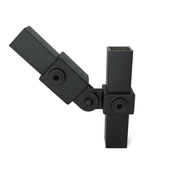 Rohrverbinder Gelenkstück einfach schwarz 25 mm quadratisch - Vorderansicht mit Rohren (Rohr-verbinder.de)