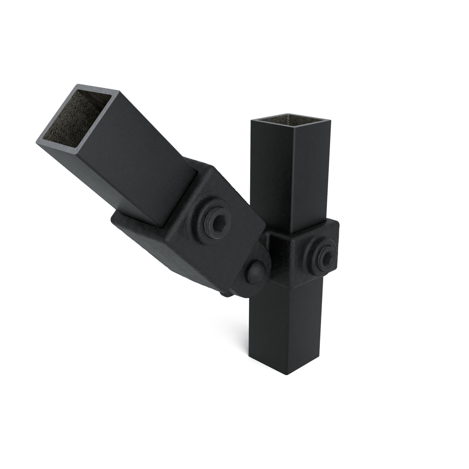 Rohrverbinder Gelenkstück einfach schwarz 25 mm quadratisch - Schrägansicht mit Rohren (Rohr-verbinder.de)
