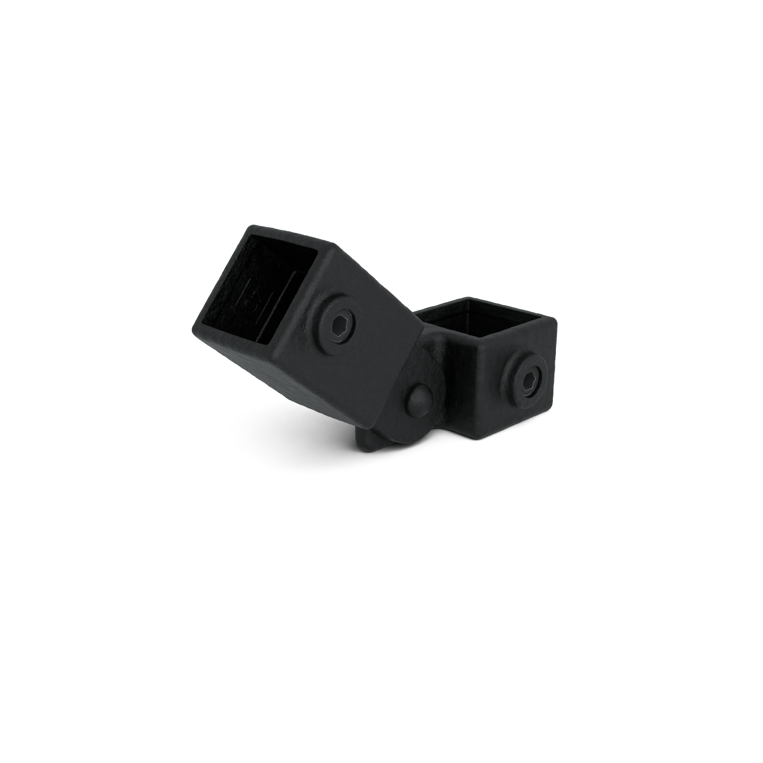 Rohrverbinder Gelenkstück einfach schwarz 40 mm quadratisch - Seitenansicht mit Rohren (Rohr-verbinder.de)