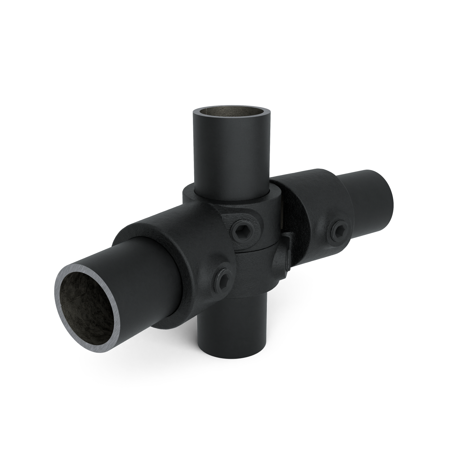 Rohrverbinder Winkelgelenk verstellbar schwarz 48,3 mm - 1 Stück - Schrägansicht mit Rohren (Rohr-verbinder.de)
