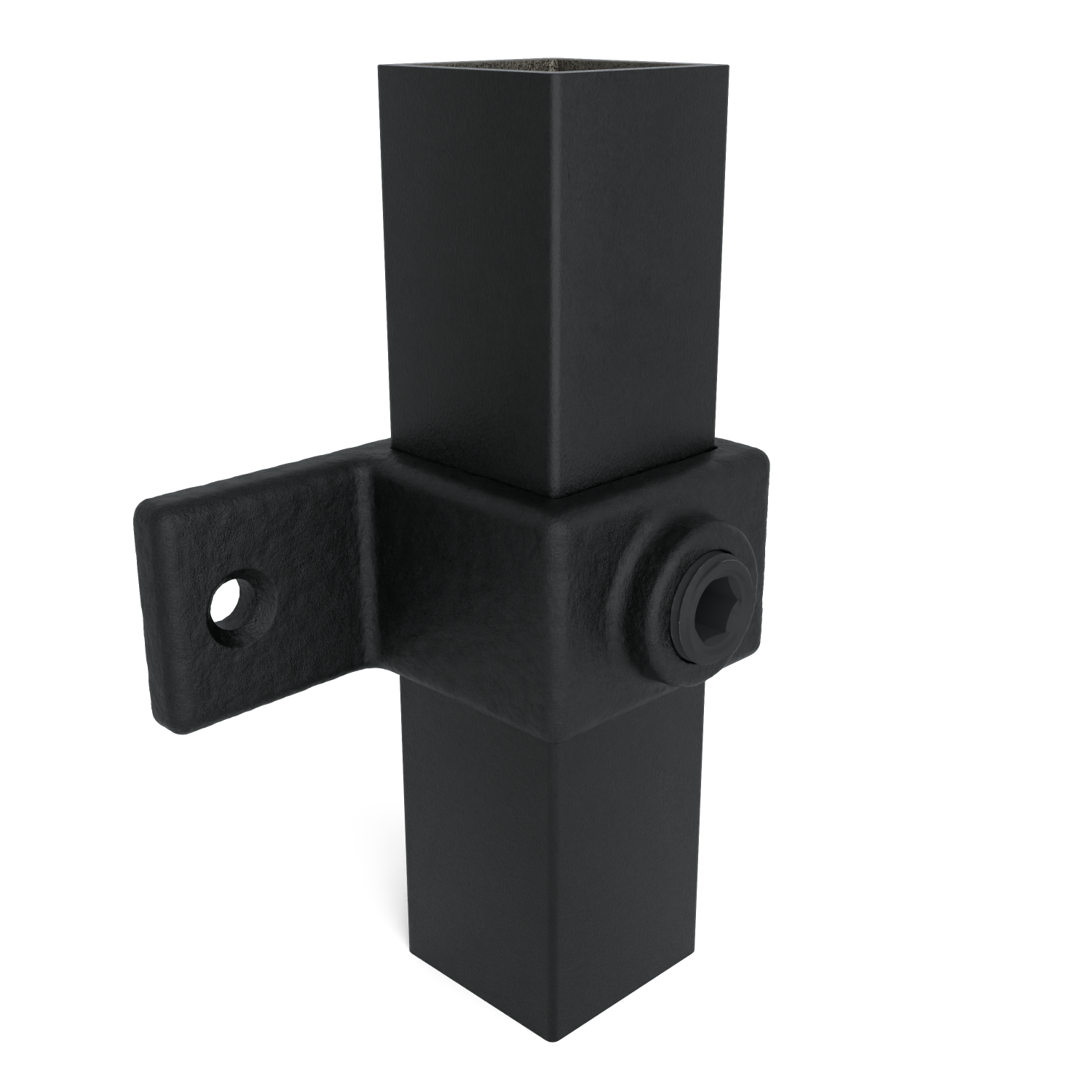 Rohrverbinder Ösenteil mit Doppellasche schwarz 25 mm quadratisch - Schrägansicht mit Rohren (Rohr-verbinder.de)
