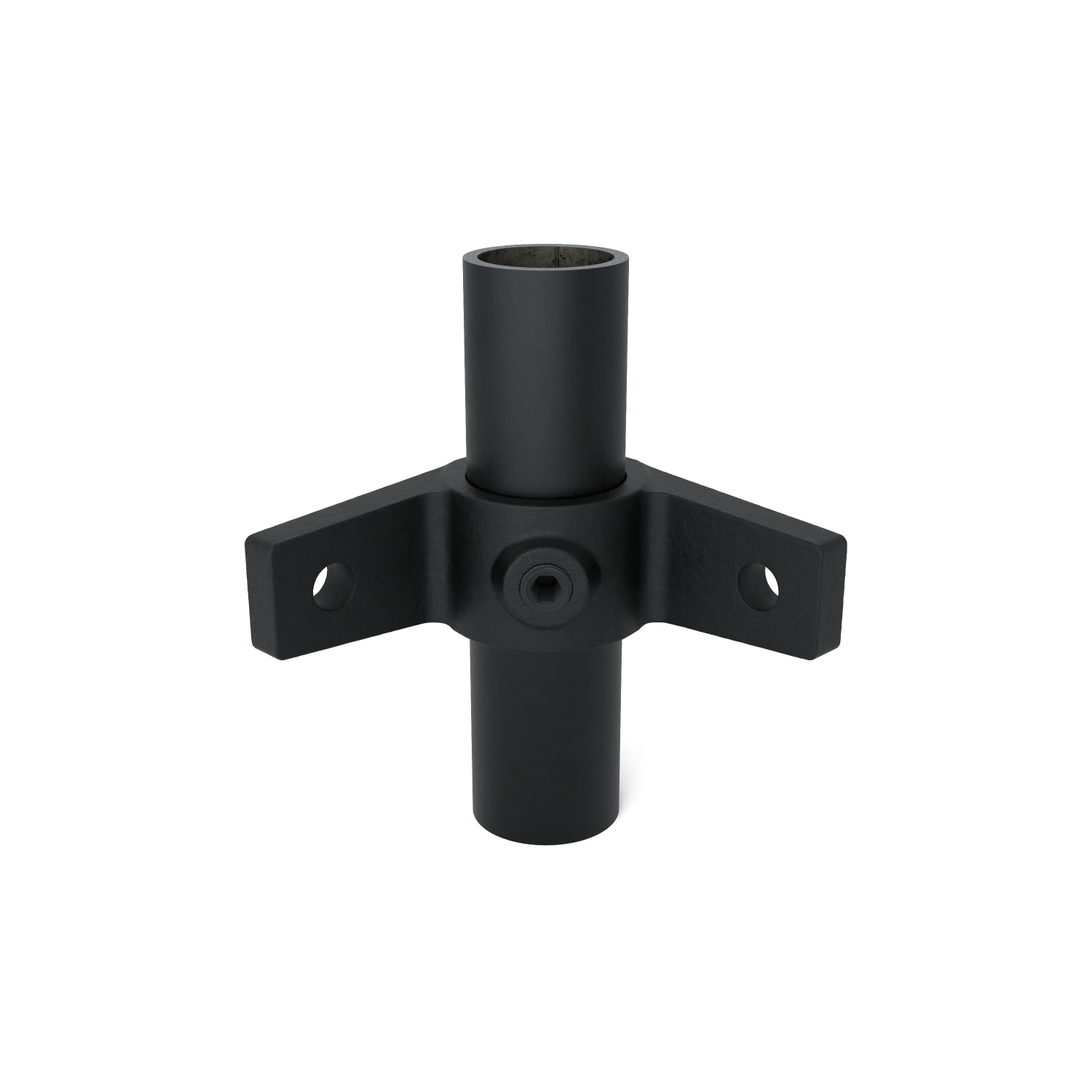 Rohrverbinder Ösenteil mit Doppellasche 90º schwarz 48,3 mm - Vorderansicht mit Rohren (Rohr-verbinder.de)