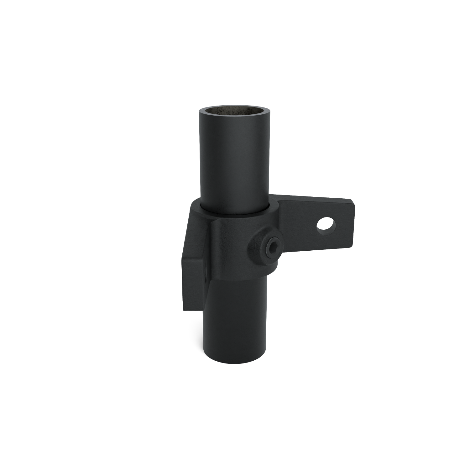 Rohrverbinder Ösenteil mit Doppellasche 90º schwarz 48,3 mm - Schrägansicht mit Rohren (Rohr-verbinder.de)