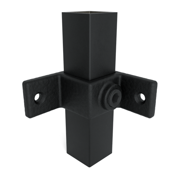 Rohrverbinder Ösenteil mit Doppellasche 90° schwarz 25 mm quadratisch - Vorderansicht mit Rohren (Rohr-verbinder.de)