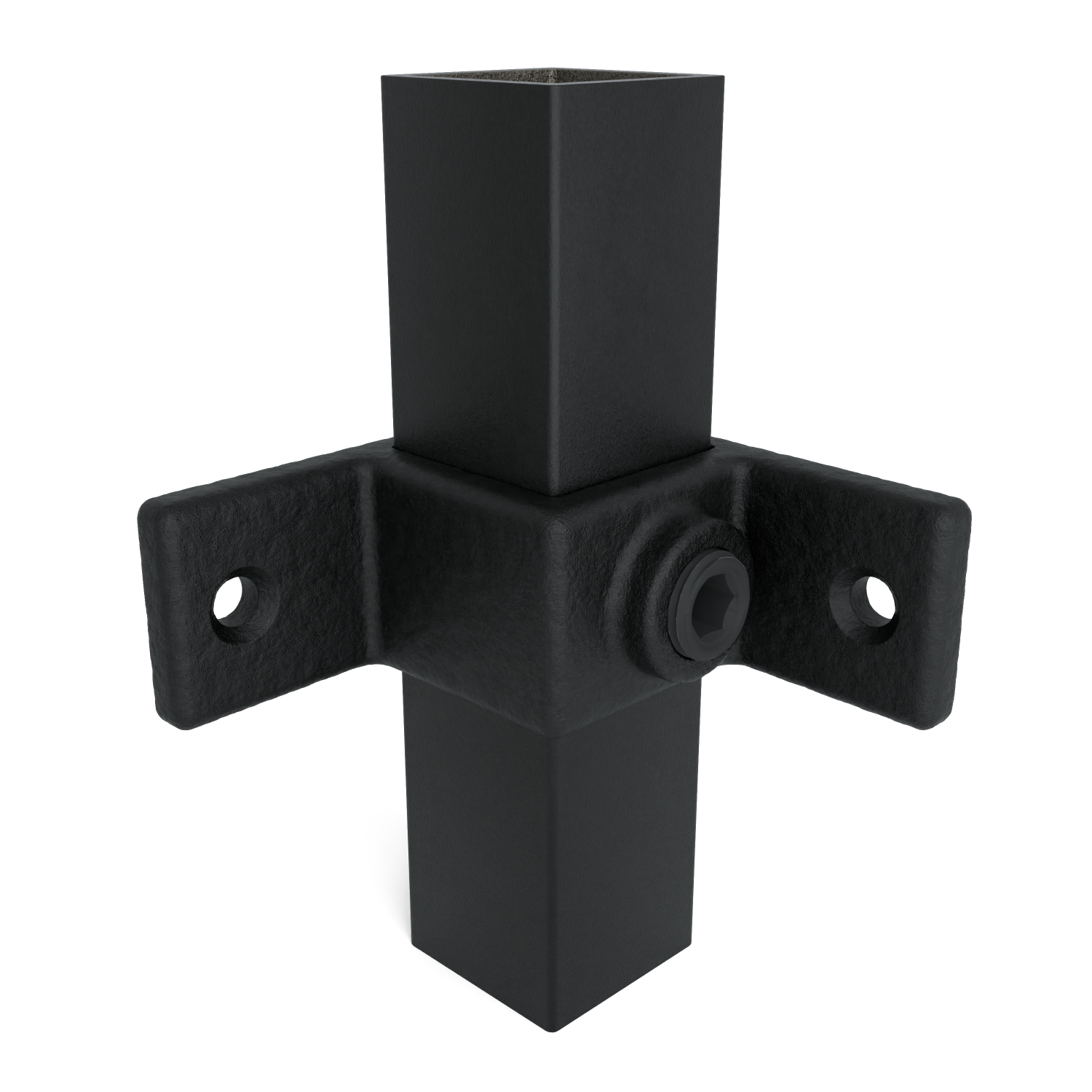 Rohrverbinder Ösenteil mit Doppellasche 90° schwarz 25 mm quadratisch - Vorderansicht mit Rohren (Rohr-verbinder.de)