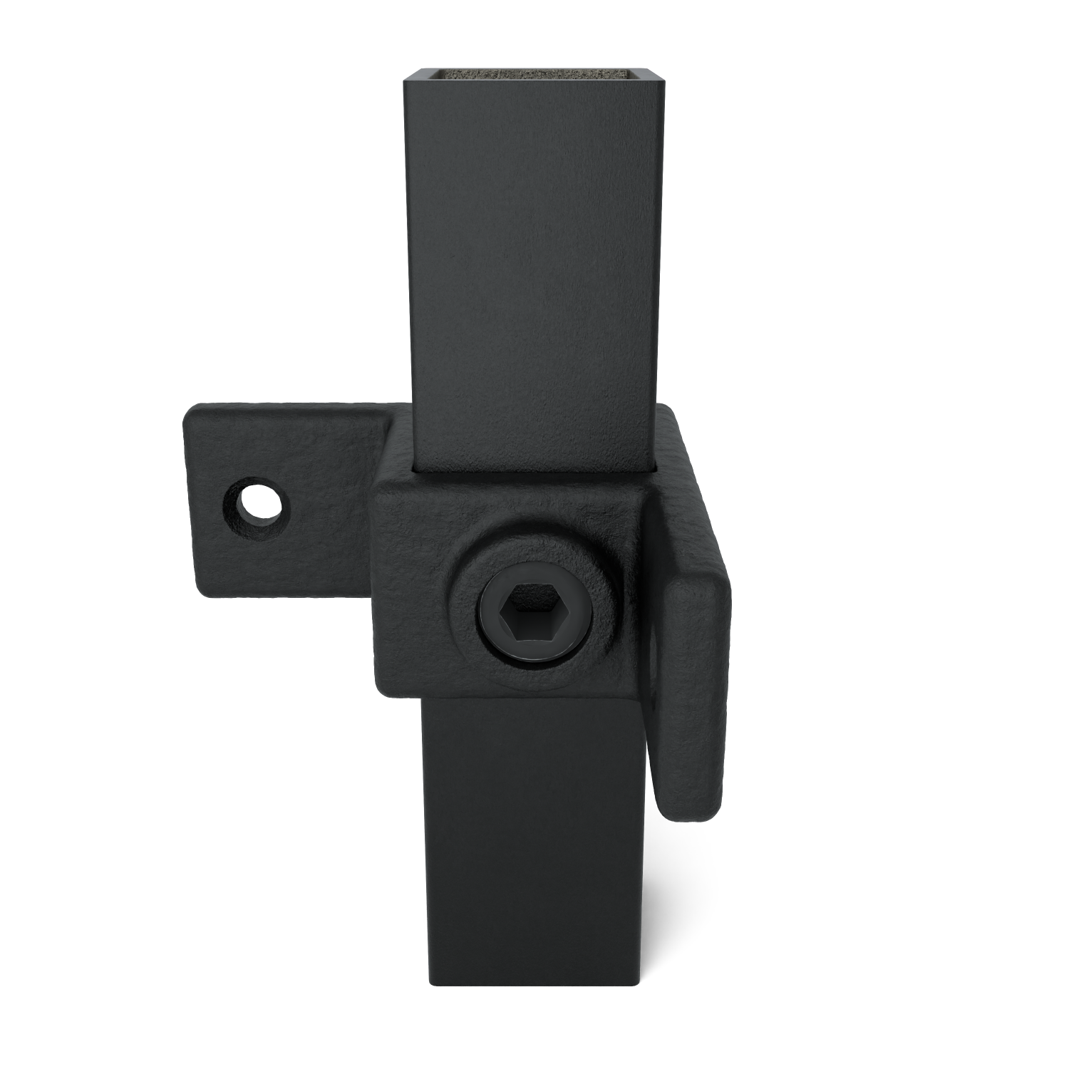 Rohrverbinder Ösenteil mit Doppellasche 90º schwarz 40 mm quadratisch - Schrägansicht mit Rohren (Rohr-verbinder.de)