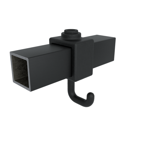 Rohrverbinder Kleiderhaken schwarz 25 mm quadratisch - Vorderansicht mit Rohren (Rohr-verbinder.de)