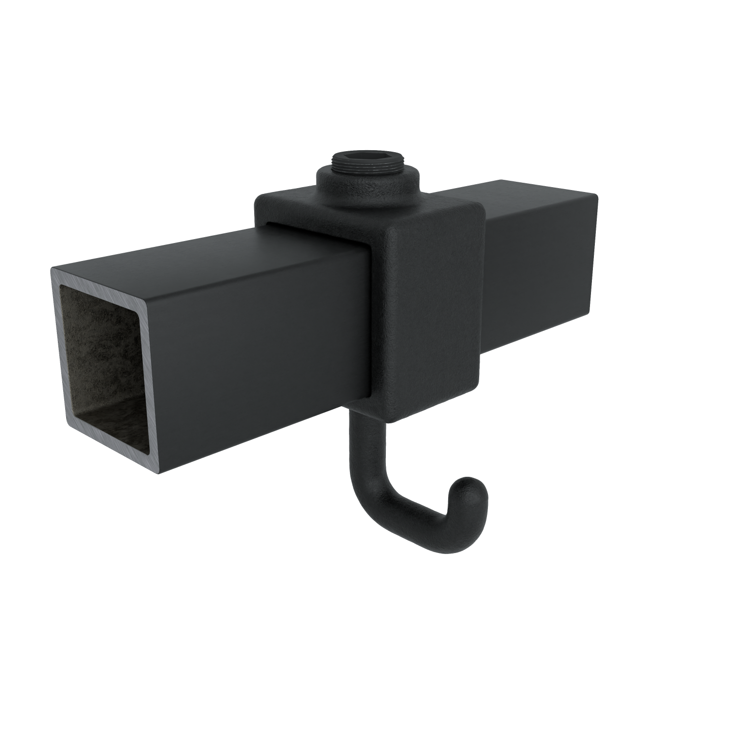 Rohrverbinder Kleiderhaken schwarz 25 mm quadratisch - Vorderansicht mit Rohren (Rohr-verbinder.de)