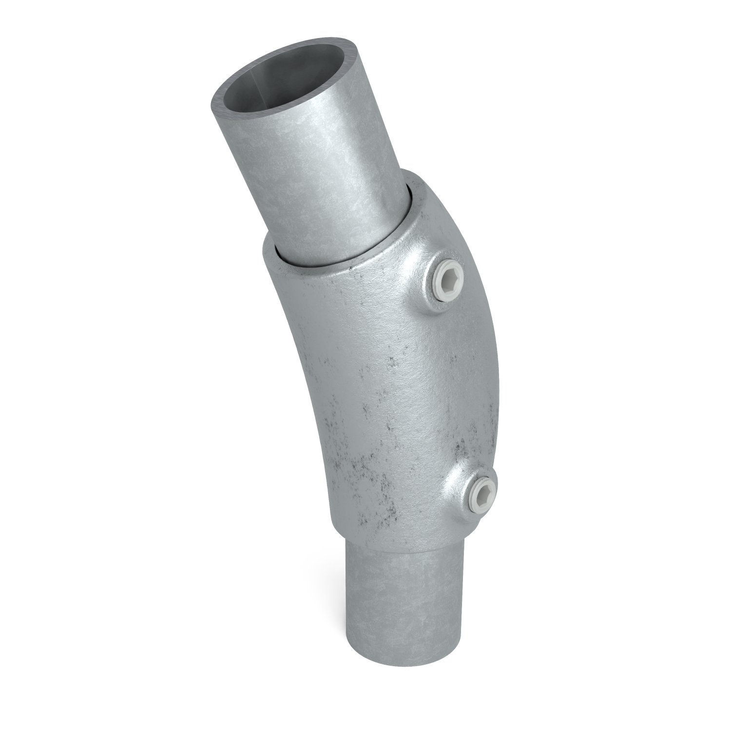 Rohrverbinder Bogen 105º - 165º 33,7 mm - Schrägansicht mit Rohren (Rohr-verbinder.de)