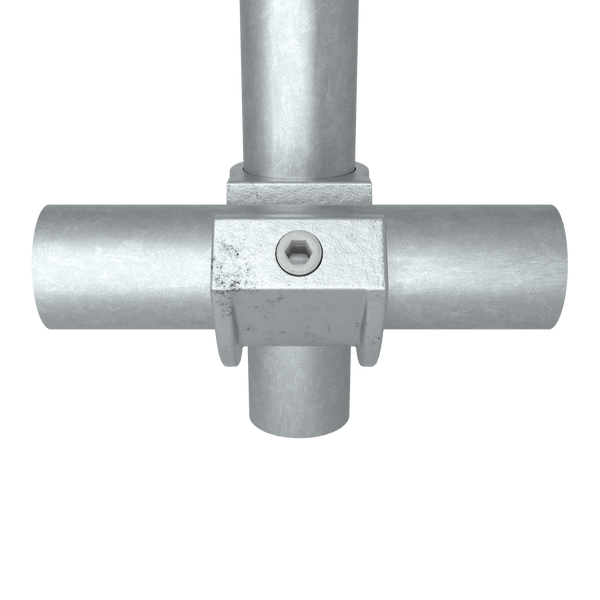 Rohrverbinder Kreuzstück offen mit Einsatz 48,3 mm - Vorderansicht mit Rohren (Rohr-verbinder.de)