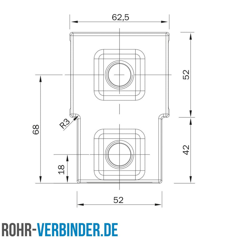 T-Stück kurz 40 mm quadratisch | technische Zeichnung | Rohrverbinder | Schnelle Lieferung | Rohr-verbinder.de