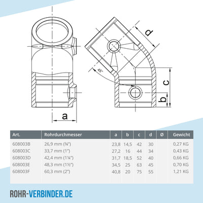 T-Stück kurz 45° 48,3 mm | technische Zeichnung | Rohrverbinder | Schnelle Lieferung | Rohr-verbinder.de