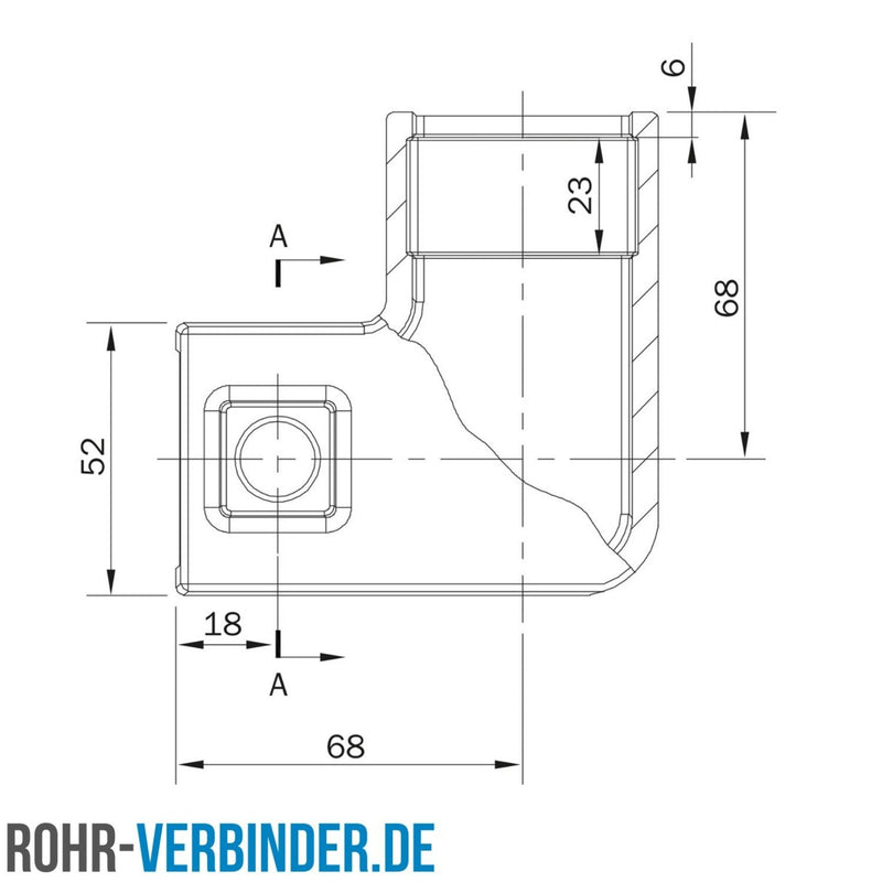 Bogen 90º 40 mm quadratisch | technische Zeichnung | Rohrverbinder | Schnelle Lieferung | Rohr-verbinder.de