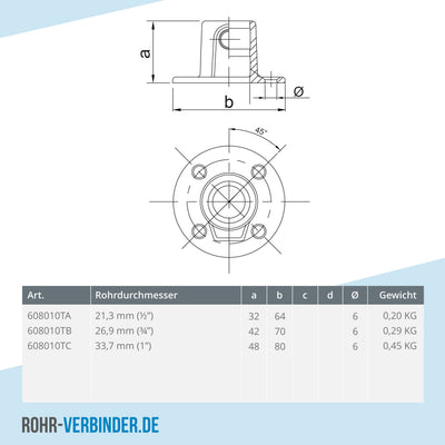 Fußplatte rund durchgehend 21,3 mm | technische Zeichnung | Rohrverbinder | Schnelle Lieferung | Rohr-verbinder.de