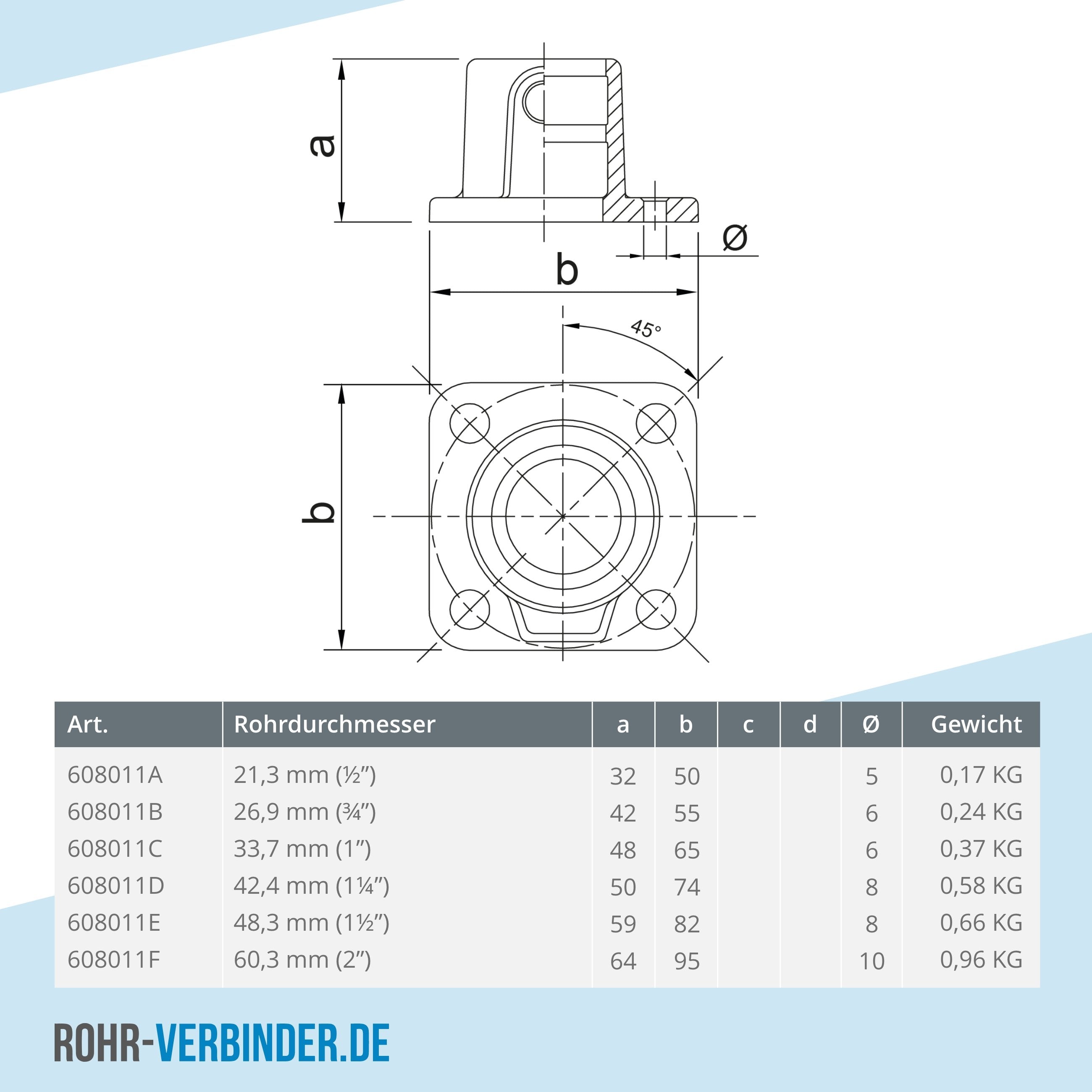 Fußplatte quadratisch 21,3 mm | technische Zeichnung | Rohrverbinder | Schnelle Lieferung | Rohr-verbinder.de