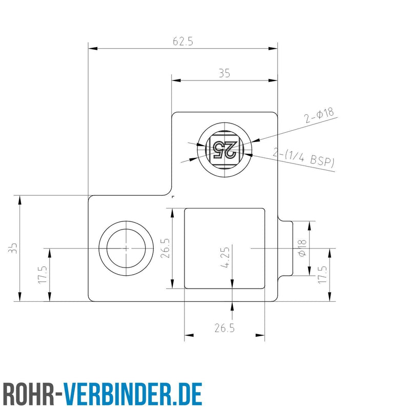 Eckstück 90º schwarz 25 mm quadratisch | technische Zeichnung Rohrverbinder | Schnelle Lieferung | Rohr-verbinder.de
