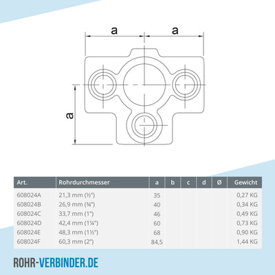 T-Stück für Stützrohr 21,3 mm | technische Zeichnung | Rohrverbinder | Schnelle Lieferung | Rohr-verbinder.de