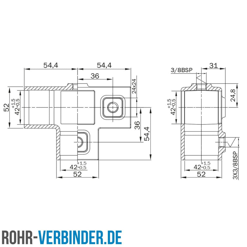 T-Stück für Stützrohr 40 mm quadratisch | technische Zeichnung | Rohrverbinder | Schnelle Lieferung | Rohr-verbinder.de