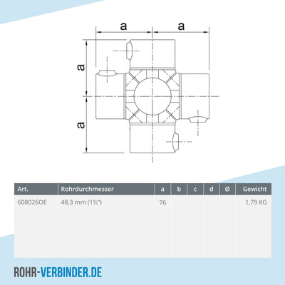 Kreuzstück für Stützrohr offen 48,3 mm | technische Zeichnung | Rohrverbinder | Schnelle Lieferung | Rohr-verbinder.de