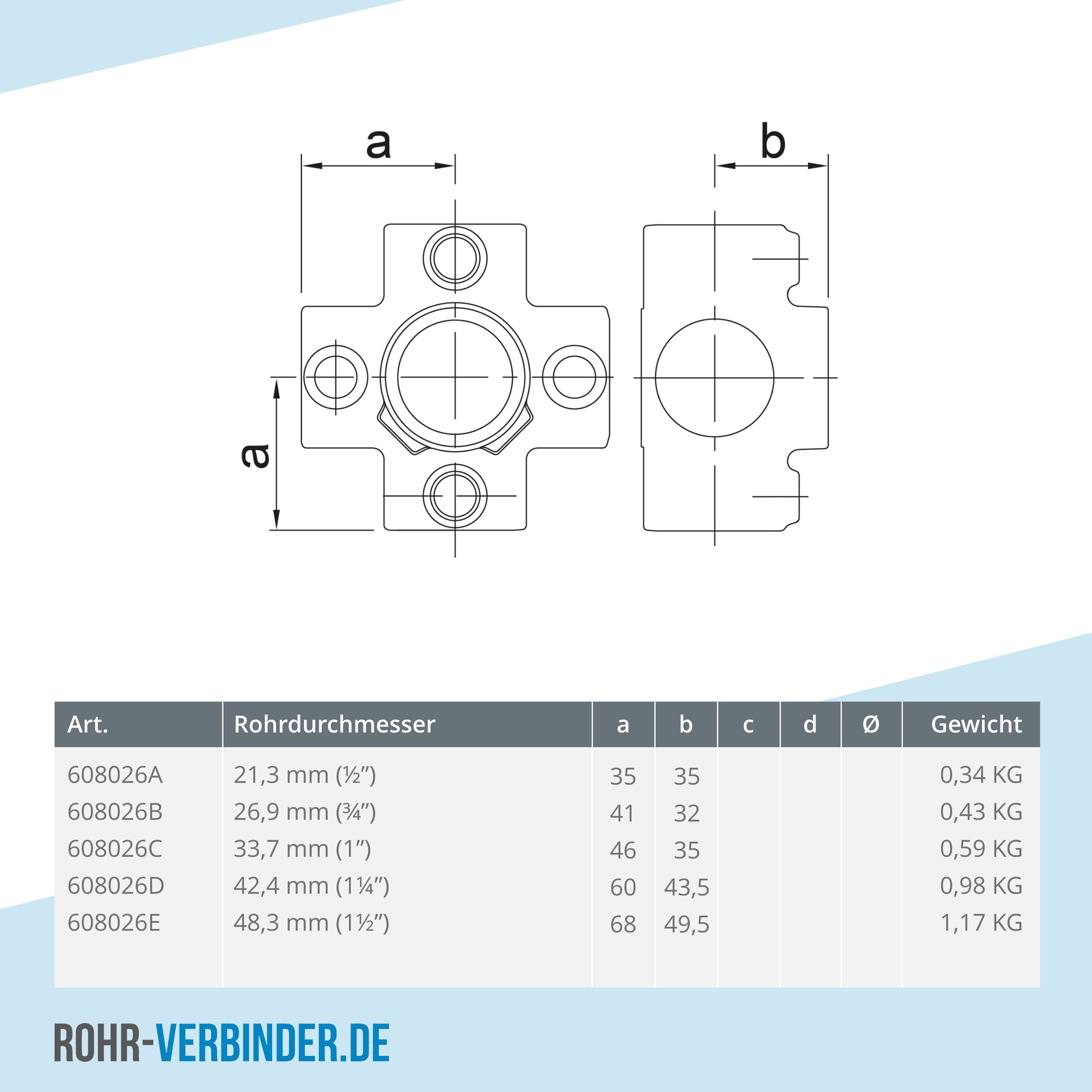 Kreuzstück für Stützrohr 42,4 mm | technische Zeichnung | Rohrverbinder | Schnelle Lieferung | Rohr-verbinder.de