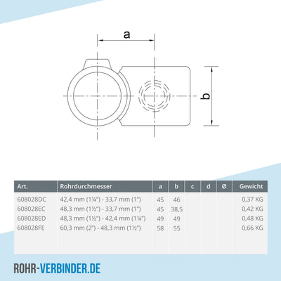 Kreuzstück 90º Kombinationsmaß 42,4 - 48,3 mm | technische Zeichnung | Rohrverbinder | Schnelle Lieferung | Rohr-verbinder.de