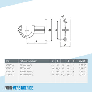 Handlaufhalterung offen 42,4 mm | technische Zeichnung | Rohrverbinder | Schnelle Lieferung | Rohr-verbinder.de