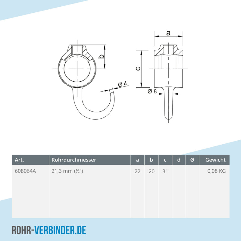 Kleiderhaken 21,3 mm | technische Zeichnung | Rohrverbinder | Schnelle Lieferung | Rohr-verbinder.de